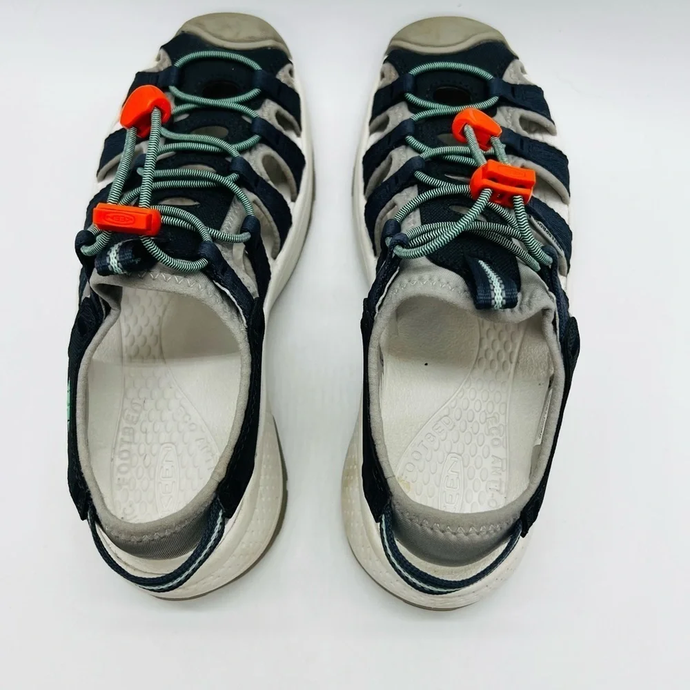 KEEN Women’s Stylish Blue and Gray Waterproof Sandals with Orange Accents Size 7